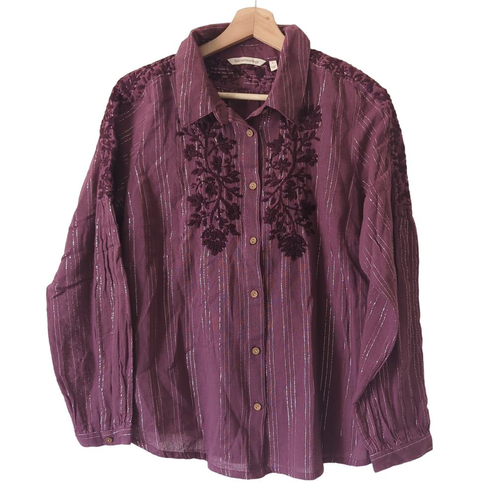 Soft Surroundings Button Up Womens Large Long Sleeve Top Metallic Embroidered